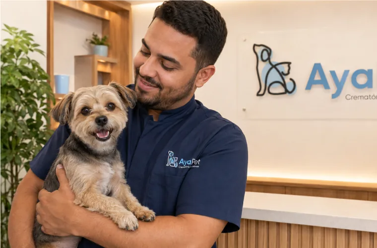 Profissional da AYA PET com um pet no colo