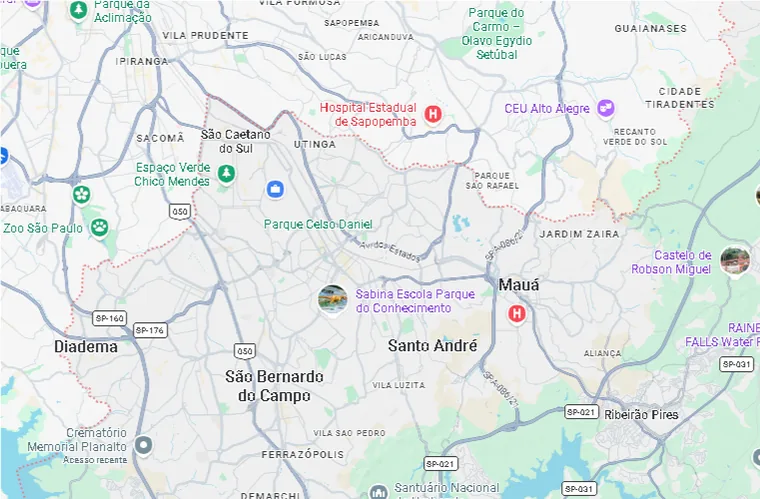Mapa das regiões atendidas pela AYA PET no Grande ABC